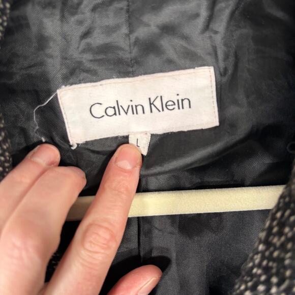 Calvin‎ Klein Jacket Large Black Wool Tweed Pea Coat Long Warm Pockets Collar - Picture 6 of 13